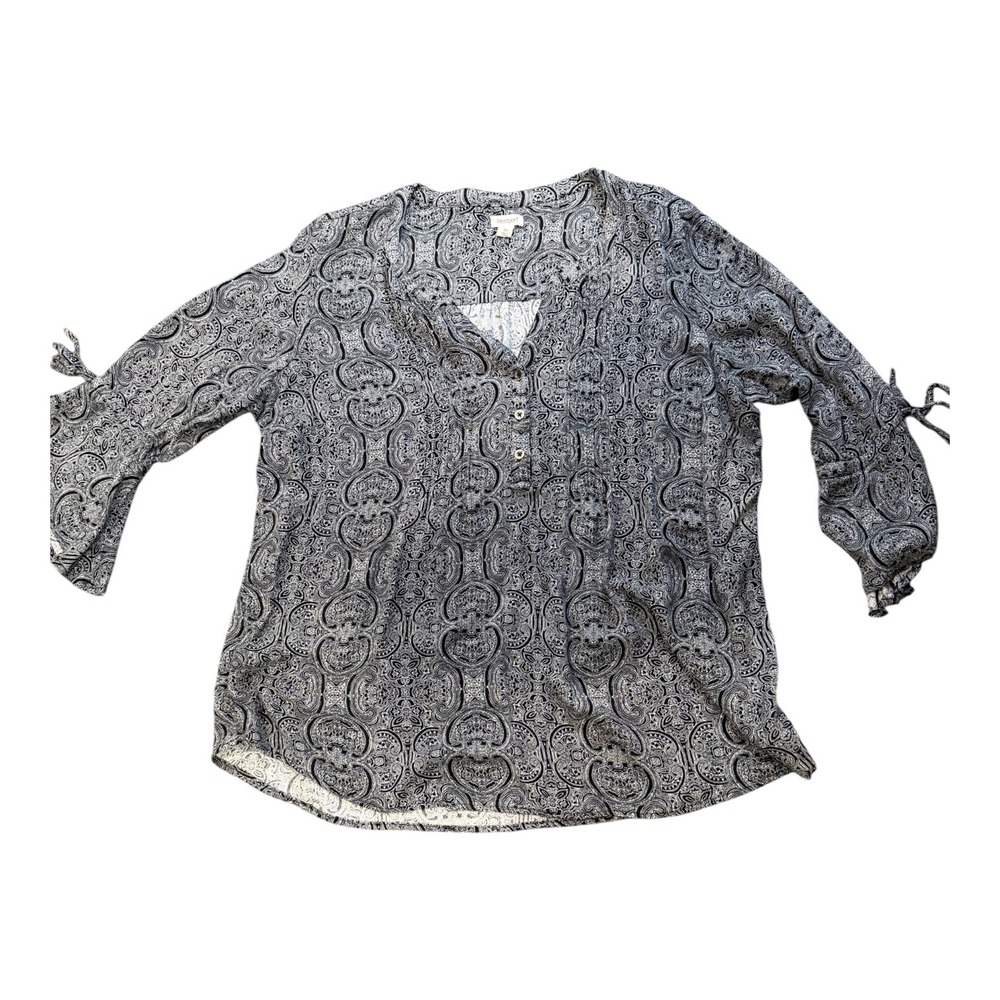 Westport Womens 2X Paisley Blouse Black White V-Neck 3/4 Tie Sleeve Top